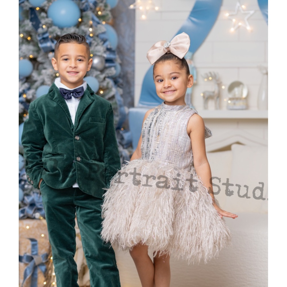 Pgraduation Silver and Cream Formal Kids Dress Pageant photoshoot gown communion